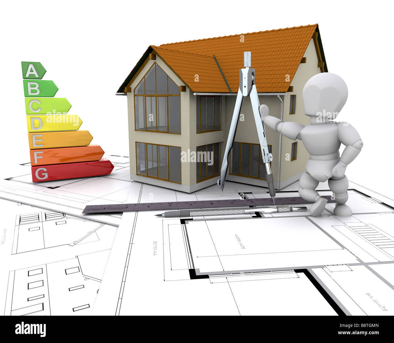 3D render of a house sur les plans avec l'évaluation énergétique Banque D'Images