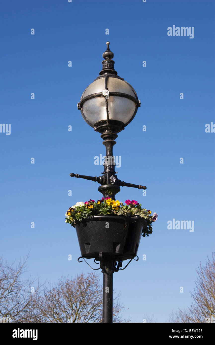 Des fleurs sur une lampe de rue. Banque D'Images