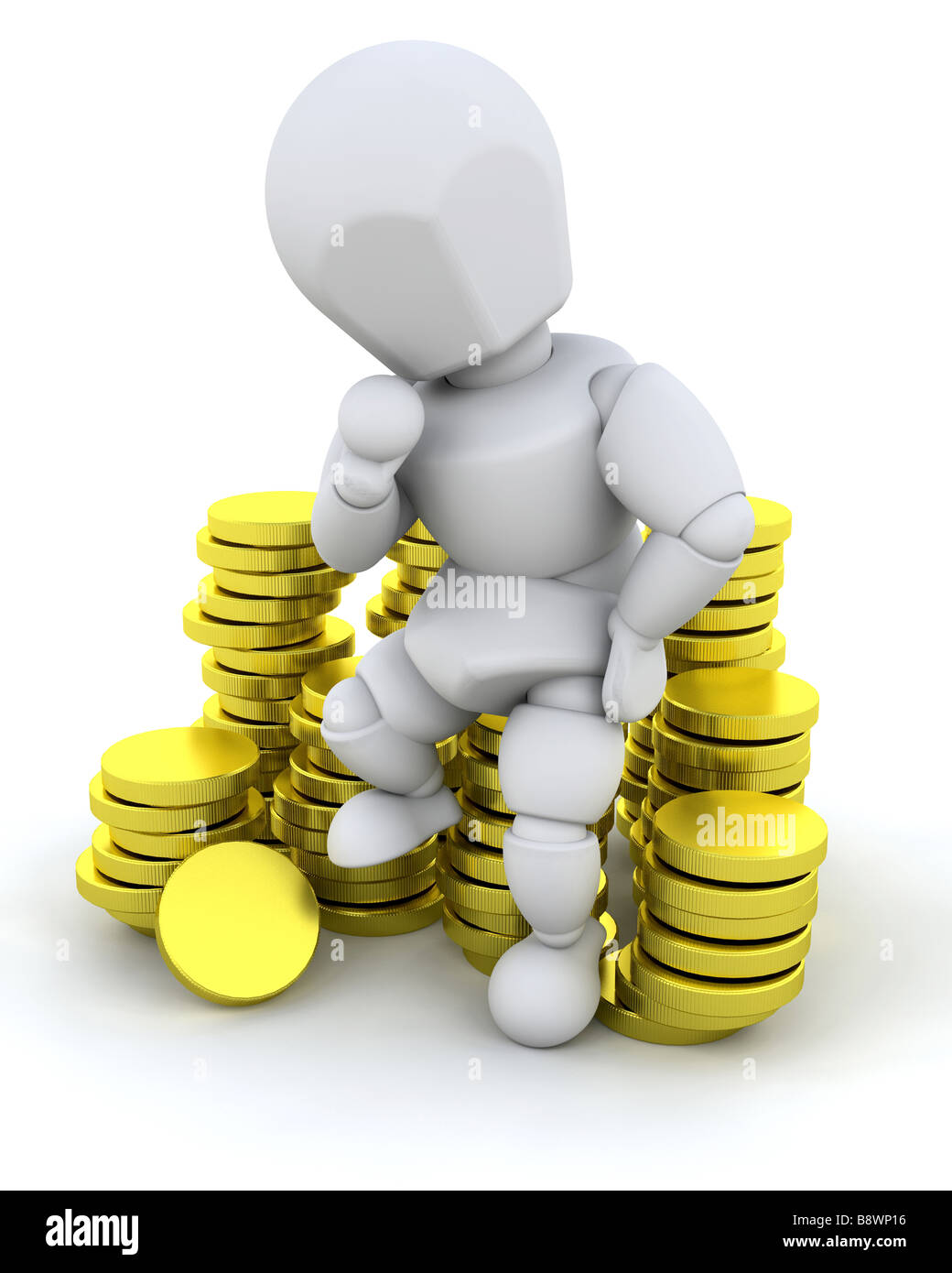 Personne assis sur une pile de pièces d'or Banque D'Images