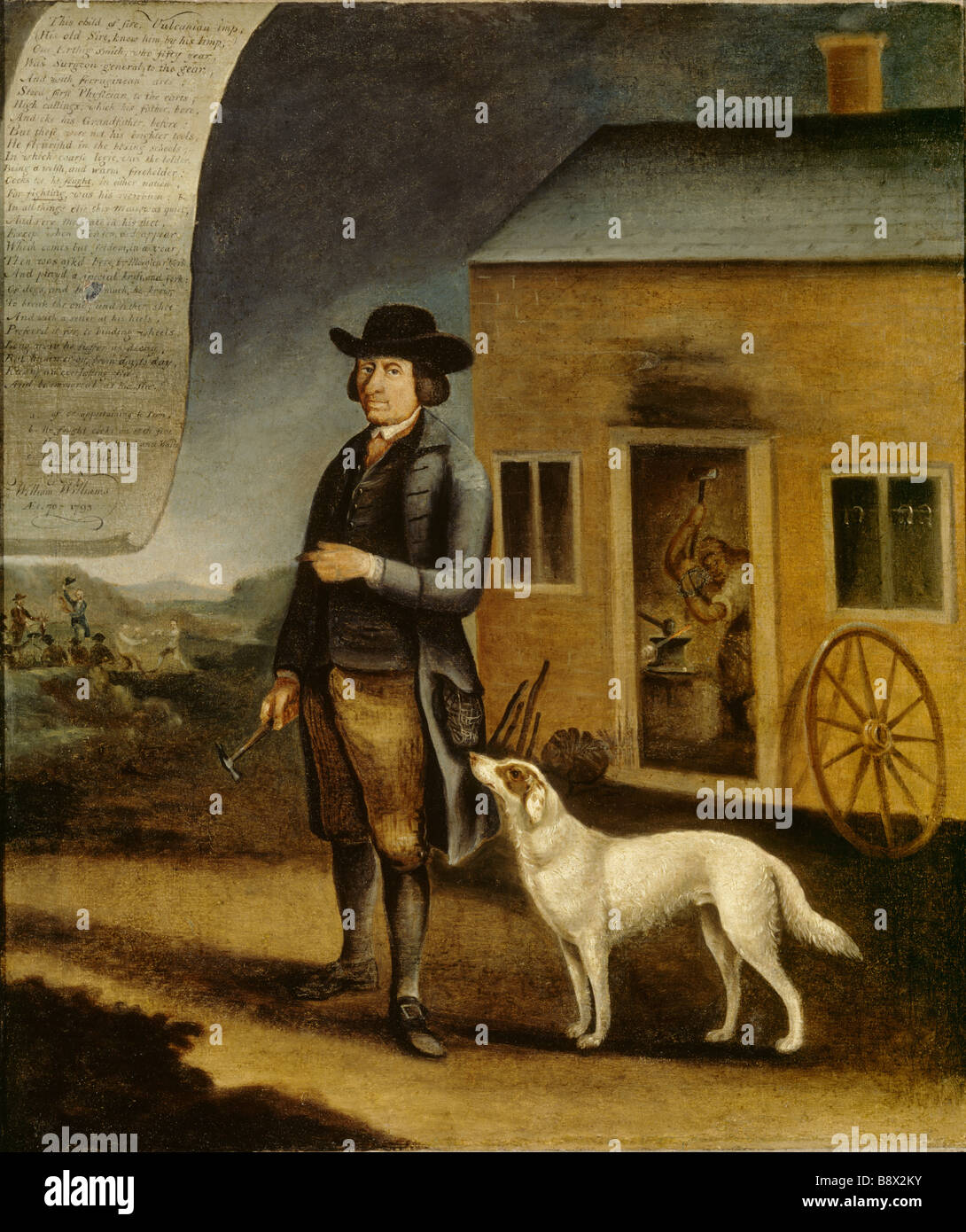 WILLIAM WILLIAMS FERRANT par John Walters de Denbigh 1793 se tient en dehors de son atelier avec son chien Banque D'Images