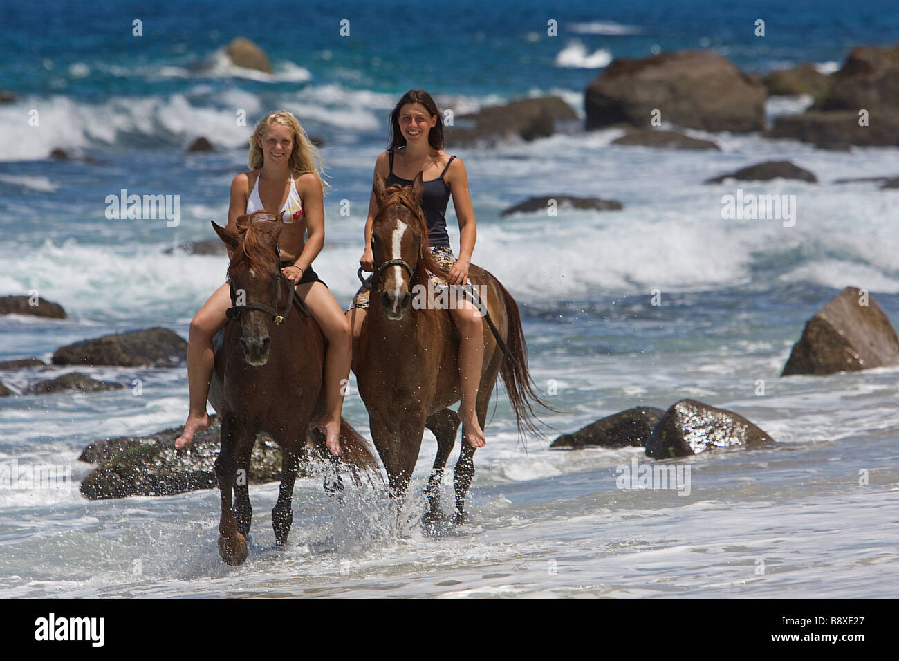 Deux jeunes femmes - équitation sur des chevaux arabes sur la plage Banque D'Images