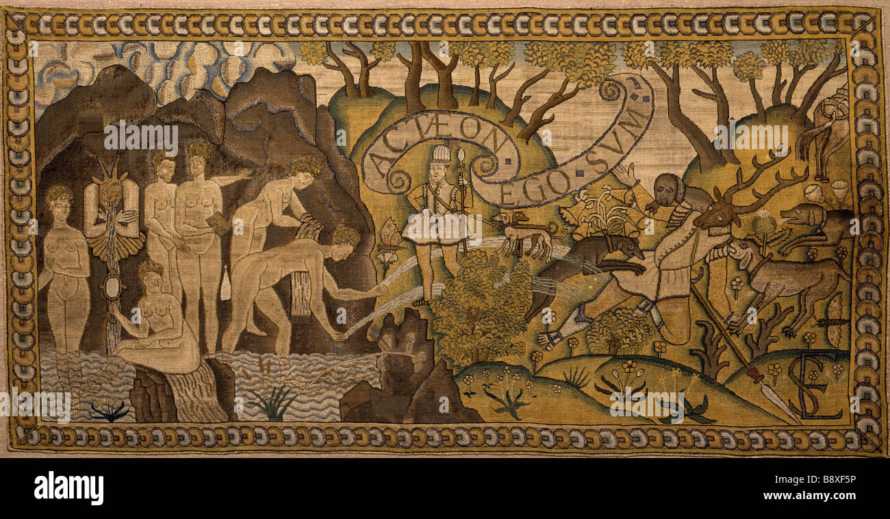 Le Salon à l'origine un panneau encadré Hardwick coussin représentant la mort d'Actéon Banque D'Images