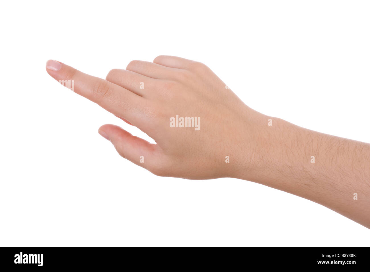 Main pointant, touchant ou en appuyant sur isolé sur blanc. Les femmes de race blanche. Banque D'Images