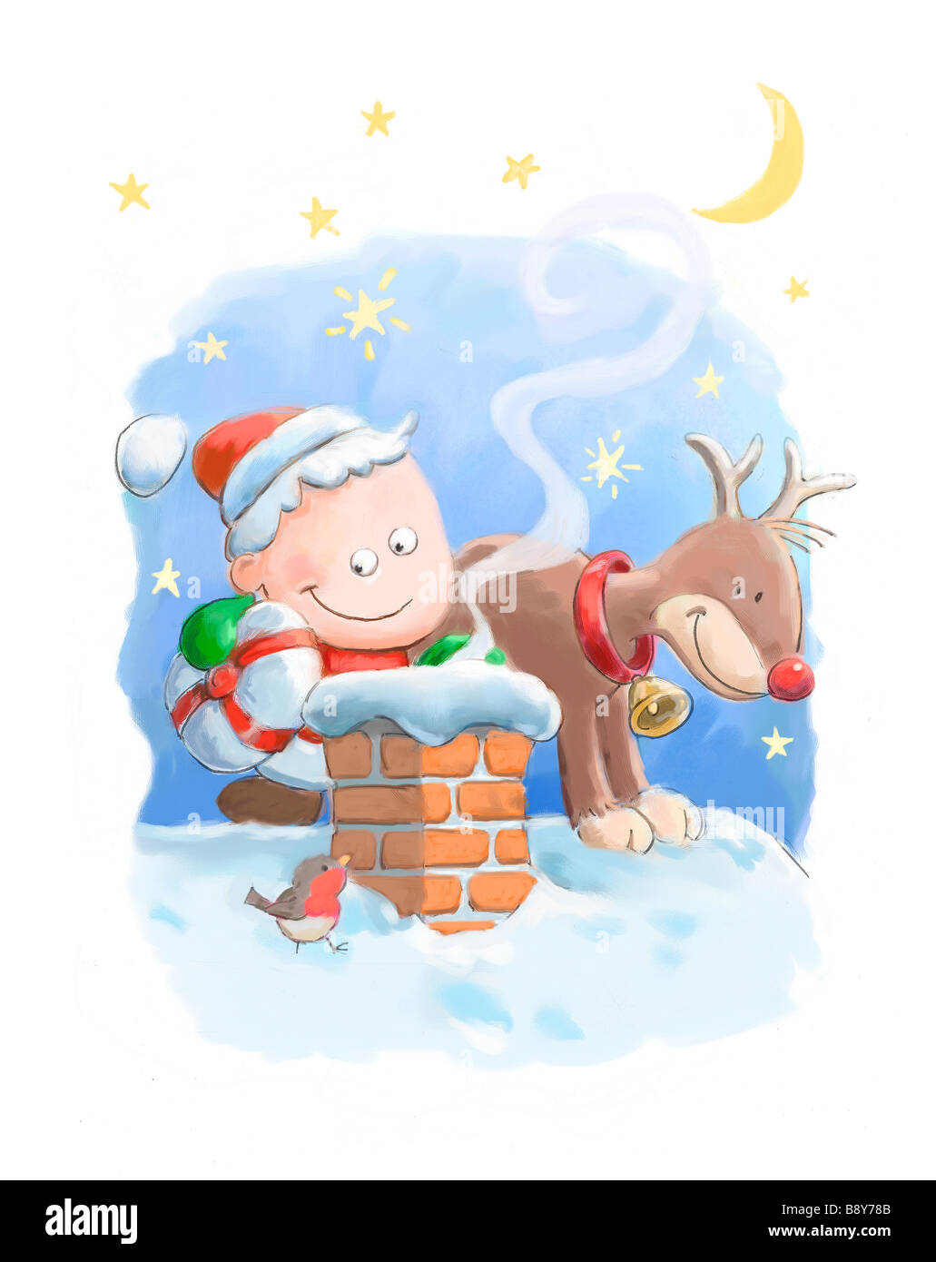 Cute Santa et renne sur un toit Banque D'Images