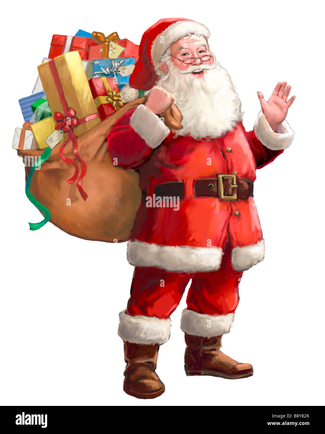 Illustration peinte avec le Père Noël debout avec sac de colis emballés par dessus son épaule. Banque D'Images