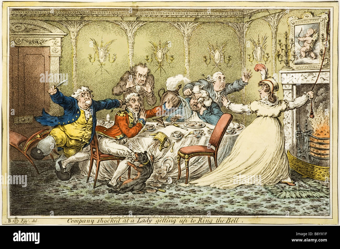 Dame se lever pour sonner la cloche une gravure caricature n la nouvelle maison à Scotney Castle Kent Banque D'Images