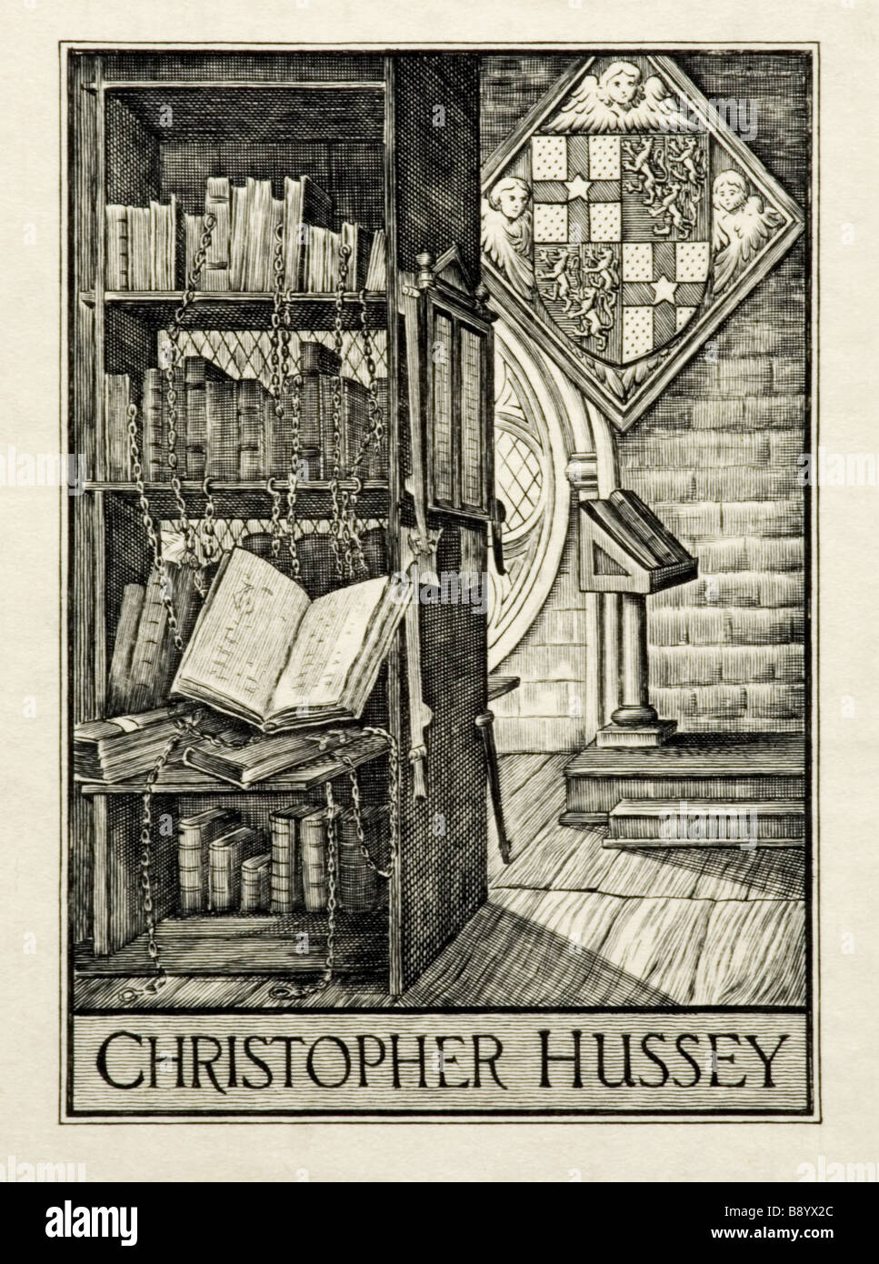 Christopher Hussey, ex-libris de l'un des volumes de l'étude de la nouvelle chambre de Scotney Castle Kent Banque D'Images