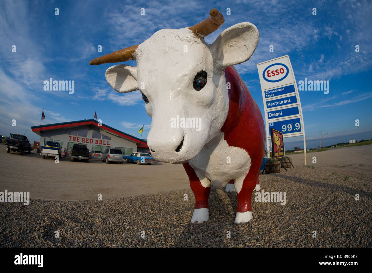 Le Red Bull roadside attraction, stop, station essence Esso, et restaurant familial à Radisson, en Saskatchewan Photo Stock - Alamy