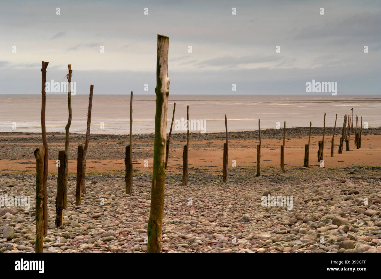 Marqueurs de marée à marée basse sur la plage de Minehead au crépuscule UK Somerset Exmoor Banque D'Images