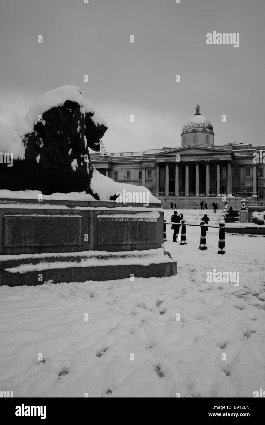 La neige sur les Lions de Landseer et de la National Gallery à Trafalgar Square, Londres Banque D'Images