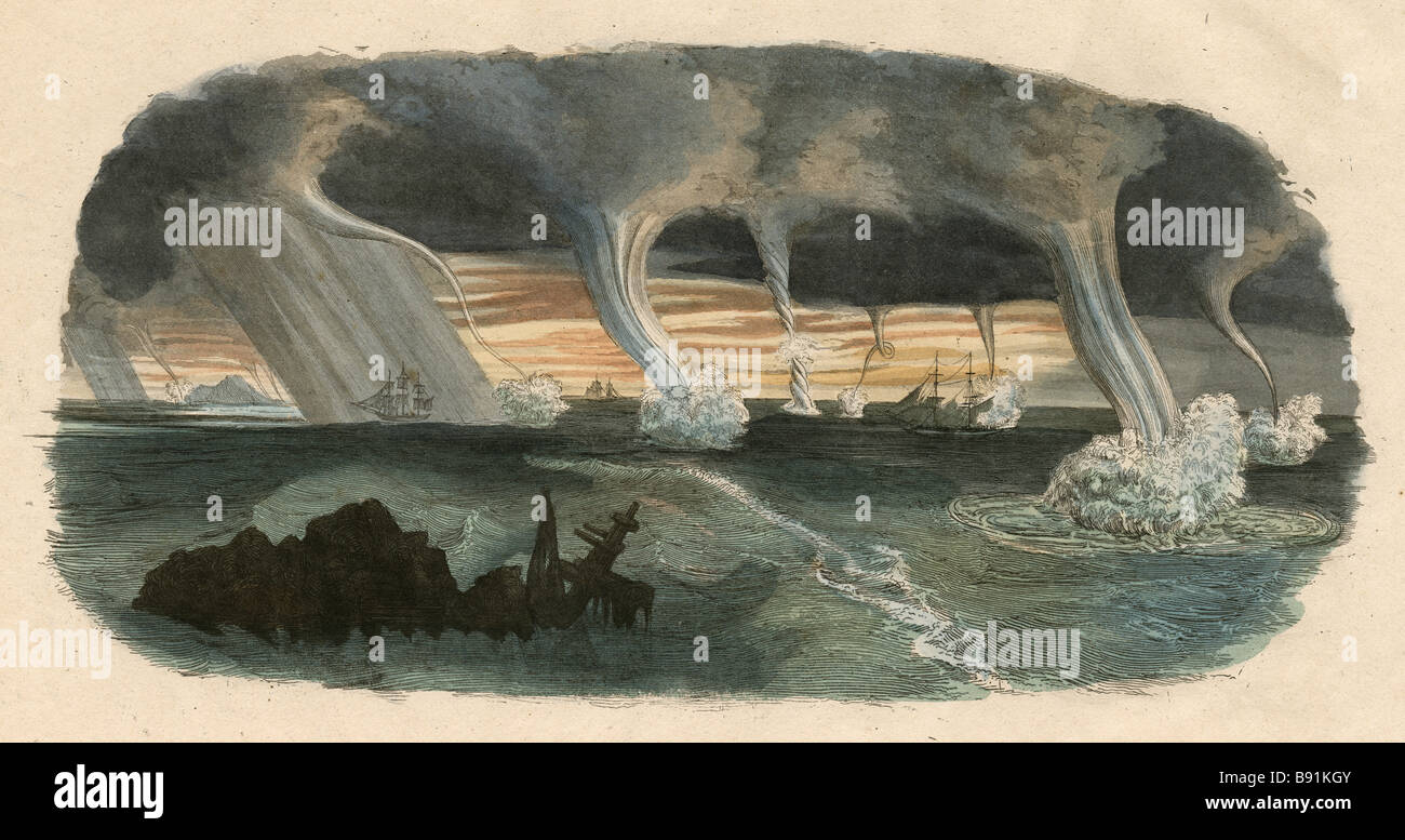 19ème siècle gravure à la main, montrant les trombes marines sur l'océan. Banque D'Images