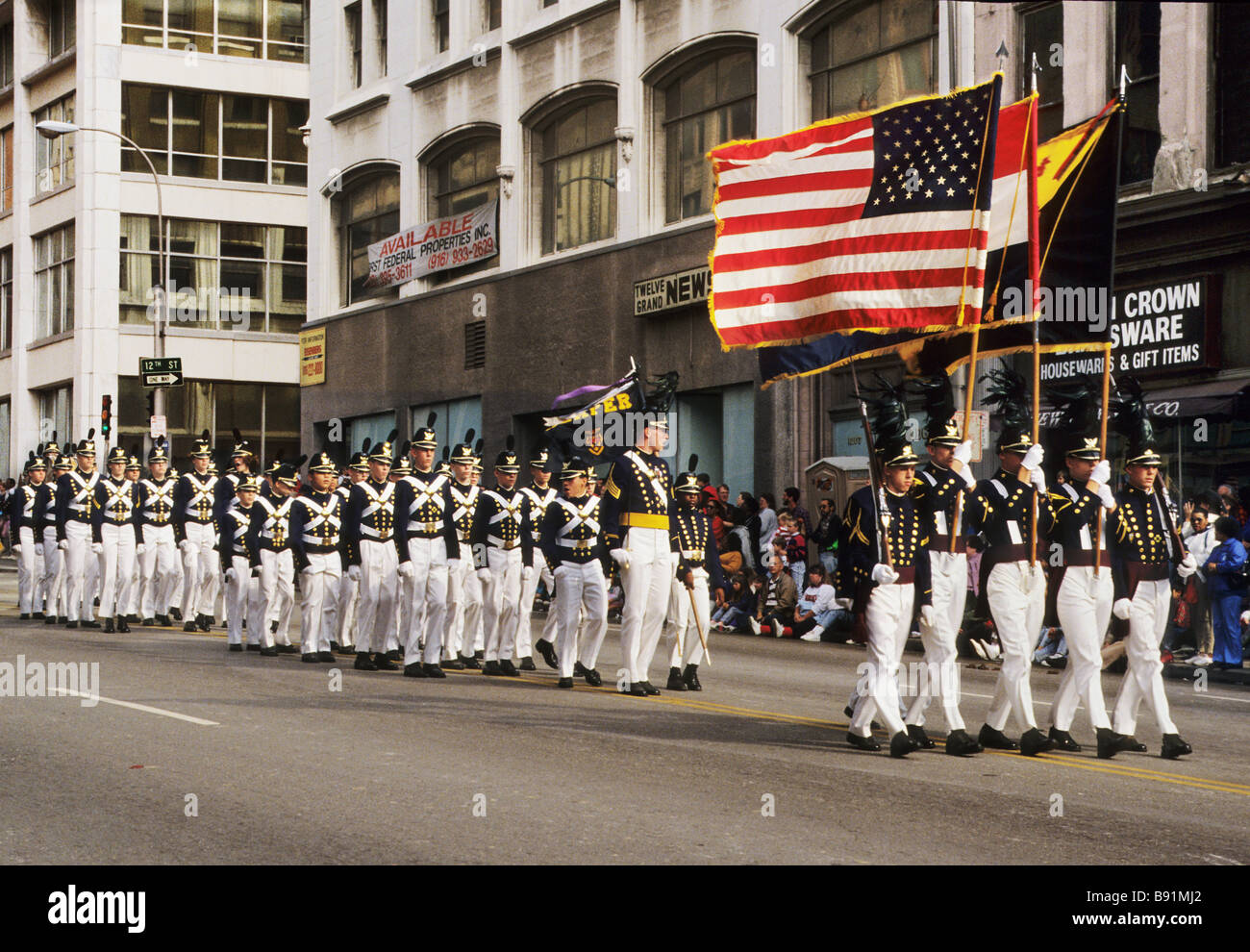 L'Académie militaire de Kemper fanfare, dans l'American Royal Parade. Kansas City, Missouri, États-Unis. Banque D'Images