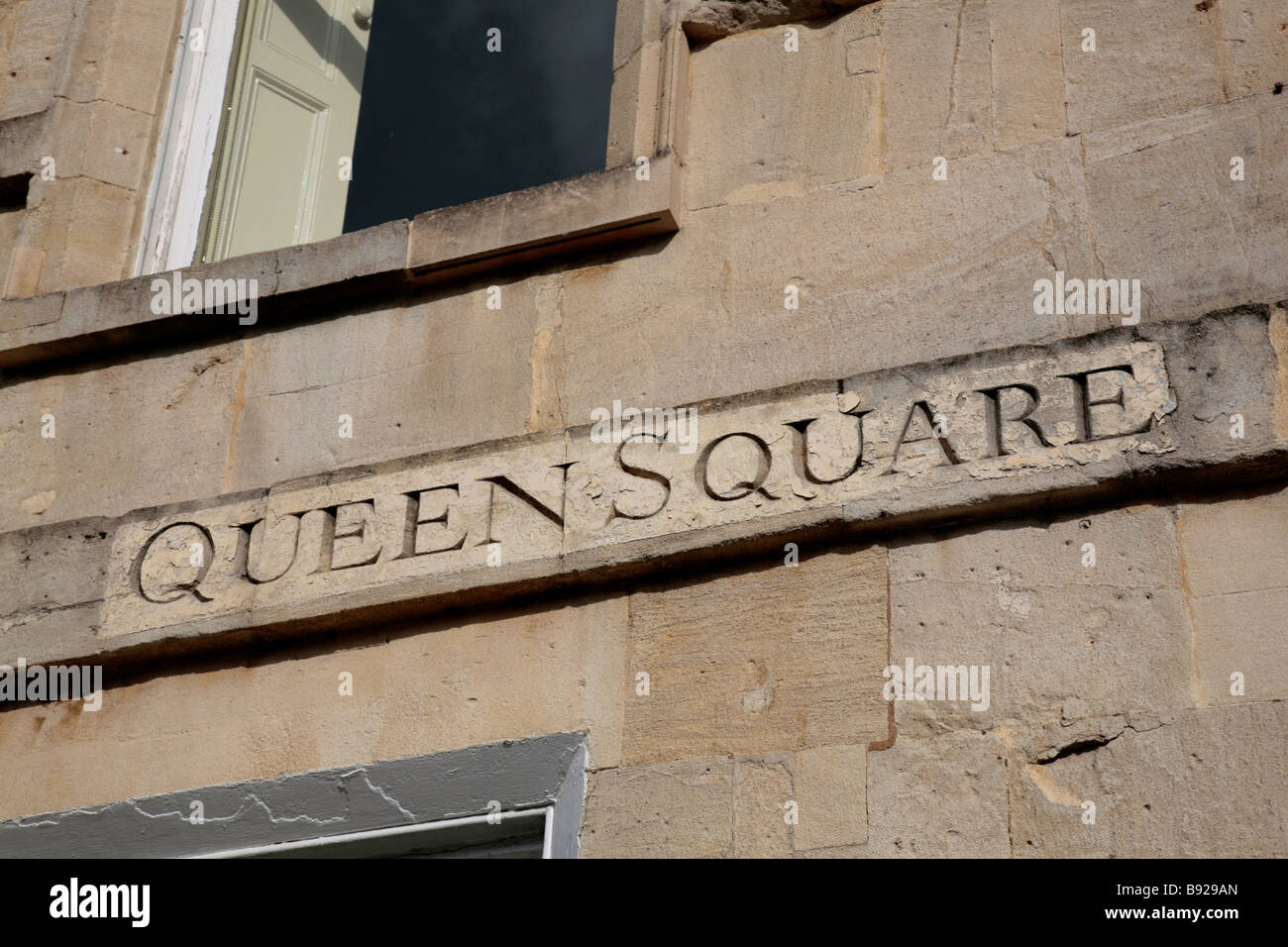 Queen Square, Street sign sur mur de pierre baignoire, baignoire, Somerset, UK Banque D'Images