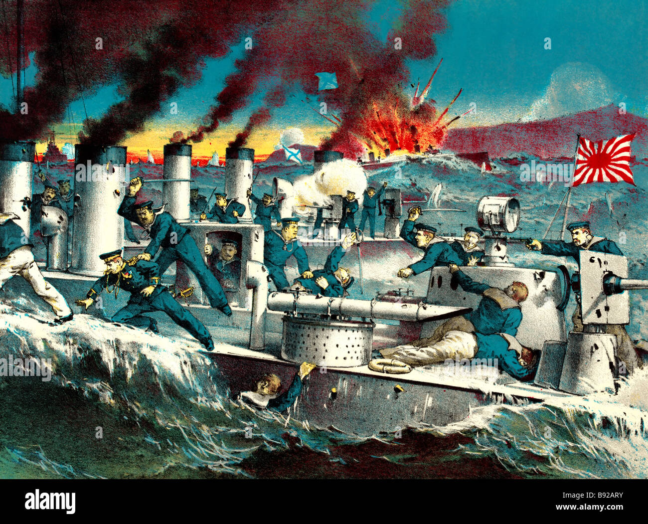 La destruction des destroyers torpilleurs russes par les destroyers torpilleurs japonais à Port Arthur -- l'illustration de la w Banque D'Images