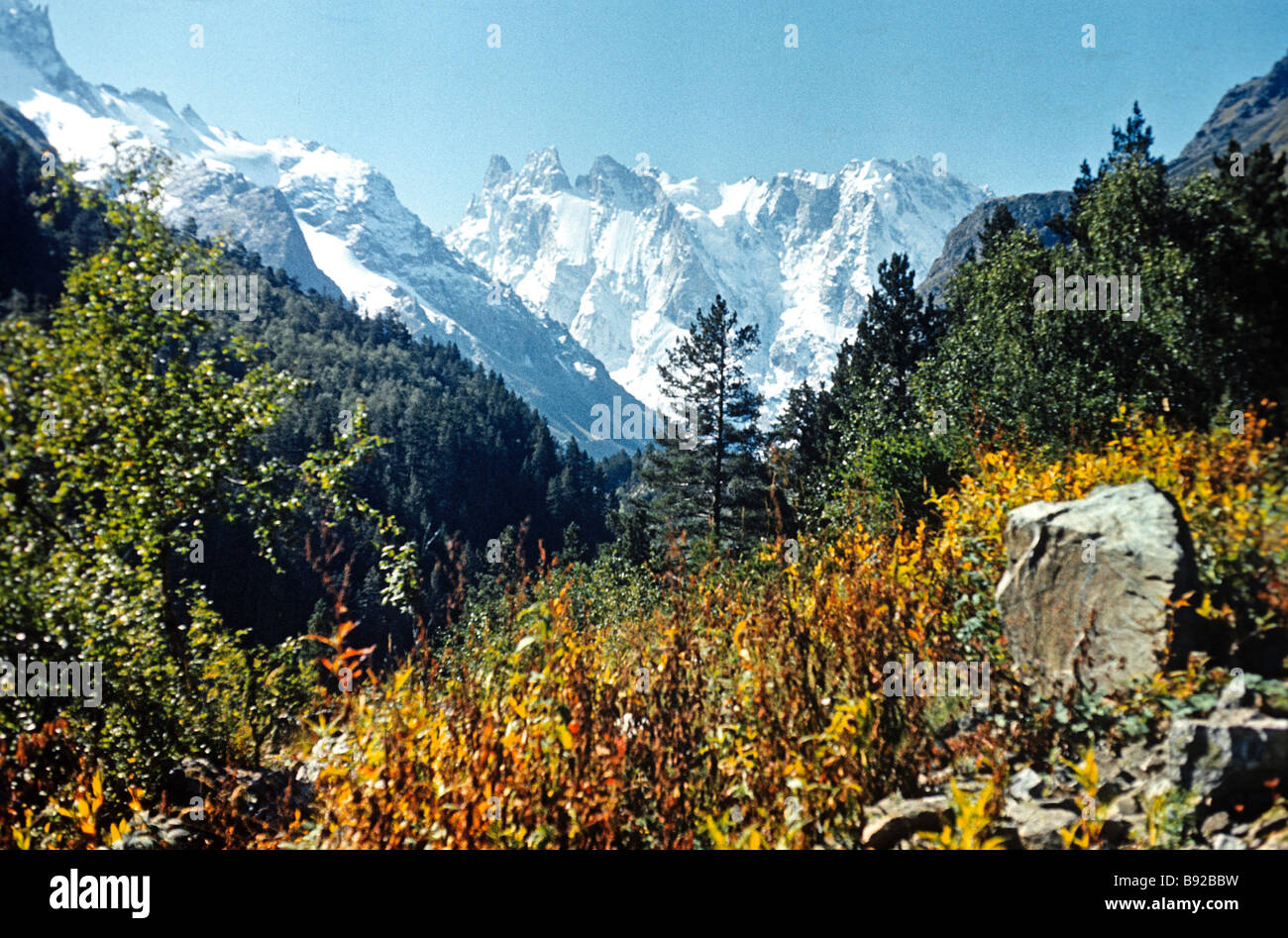 La Shkhelda massif de la principale plage de race blanche un mur interdisant de roche et de glace se compose de six sommets variant en hauteur à partir de Banque D'Images