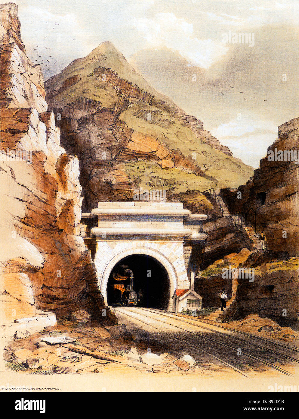 Entrée ouest du Tunnel du sommet 1845 imprimer du tunnel construit entre 1838 et 1841 par George Stephenson sur le chemin de fer de Manchester et Leeds Banque D'Images