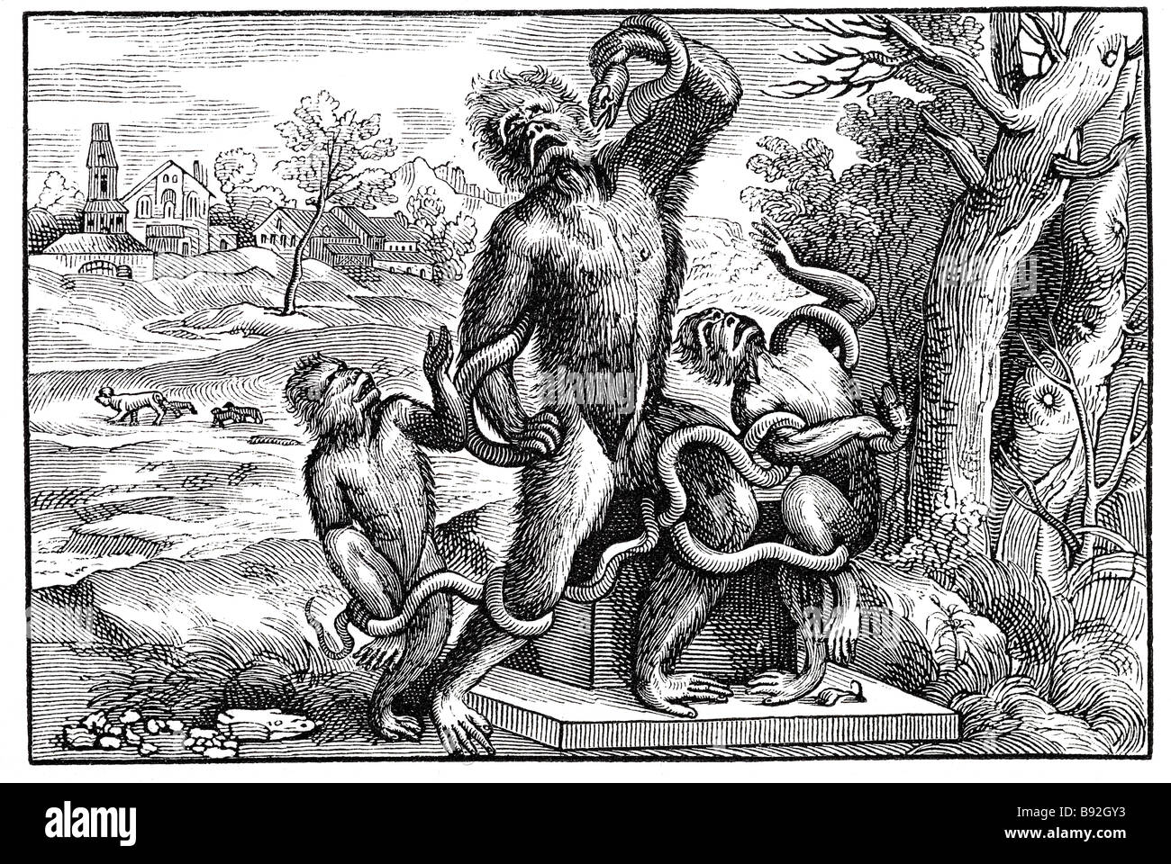 Carivature voulant un singe vieux laocoon queue poilue serpent serpant singes village néolithique sauvage ou Berthe Morisot Tiziano Vecellio Banque D'Images