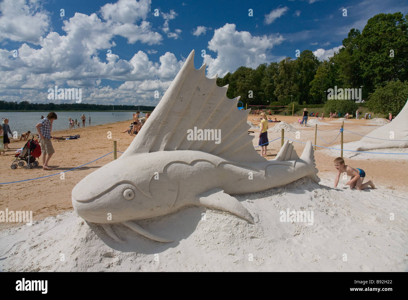 Sculpture de sable sur le lac Set Beach à Võru, Estonie, Europe Banque D'Images