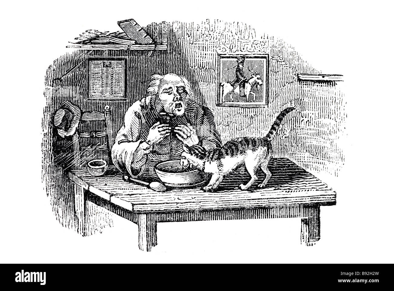 Vieil homme disant grace les yeux fermés un chat mange super porridge petit déjeuner dîner salle à manger robe féline animal période frais de vol Banque D'Images