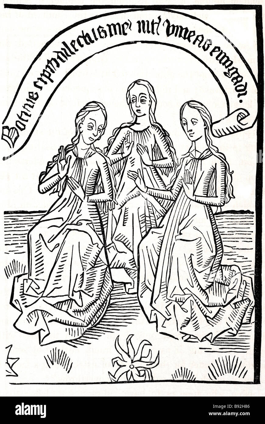 Les femmes ladys gothique mains priant sculpture sur bois gestes période bloc plaque plaques ecriture robe print design dessin Banque D'Images