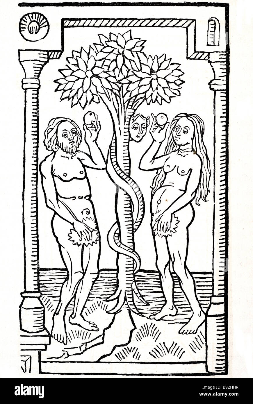 Adam eve treee interdit apple snake serpent temptation sont Adam le premier homme et la première femme créés par Dieu dans la création de l'Hébreu s Banque D'Images