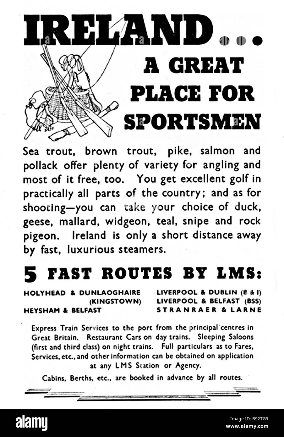 L'Irlande pour les sportifs 1936 LMS annonce vantant les vertus de l'Irlande comme un paradis pour la pêche et le tir Banque D'Images