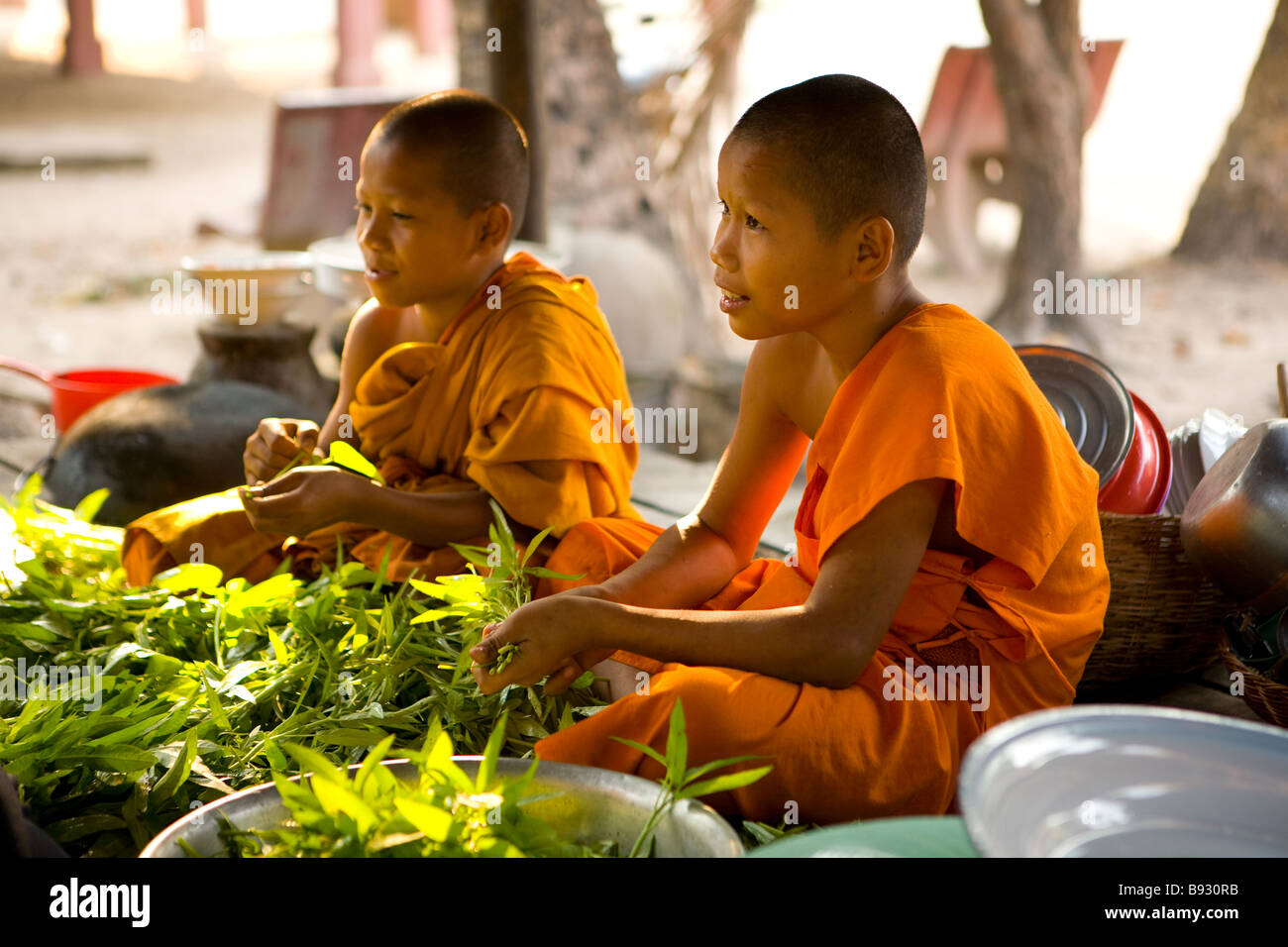Jeunes moines capturés à Angkor Wat au Cambodge Banque D'Images