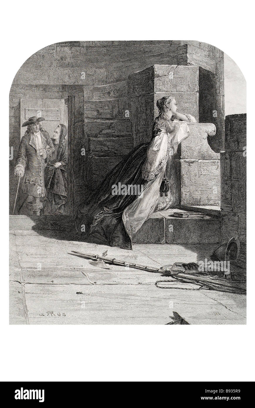 Lady Margaret et le maire d'Edith bellenden trouver regarder sur les remparts pour l'approche de la période des troupes château robe Banque D'Images