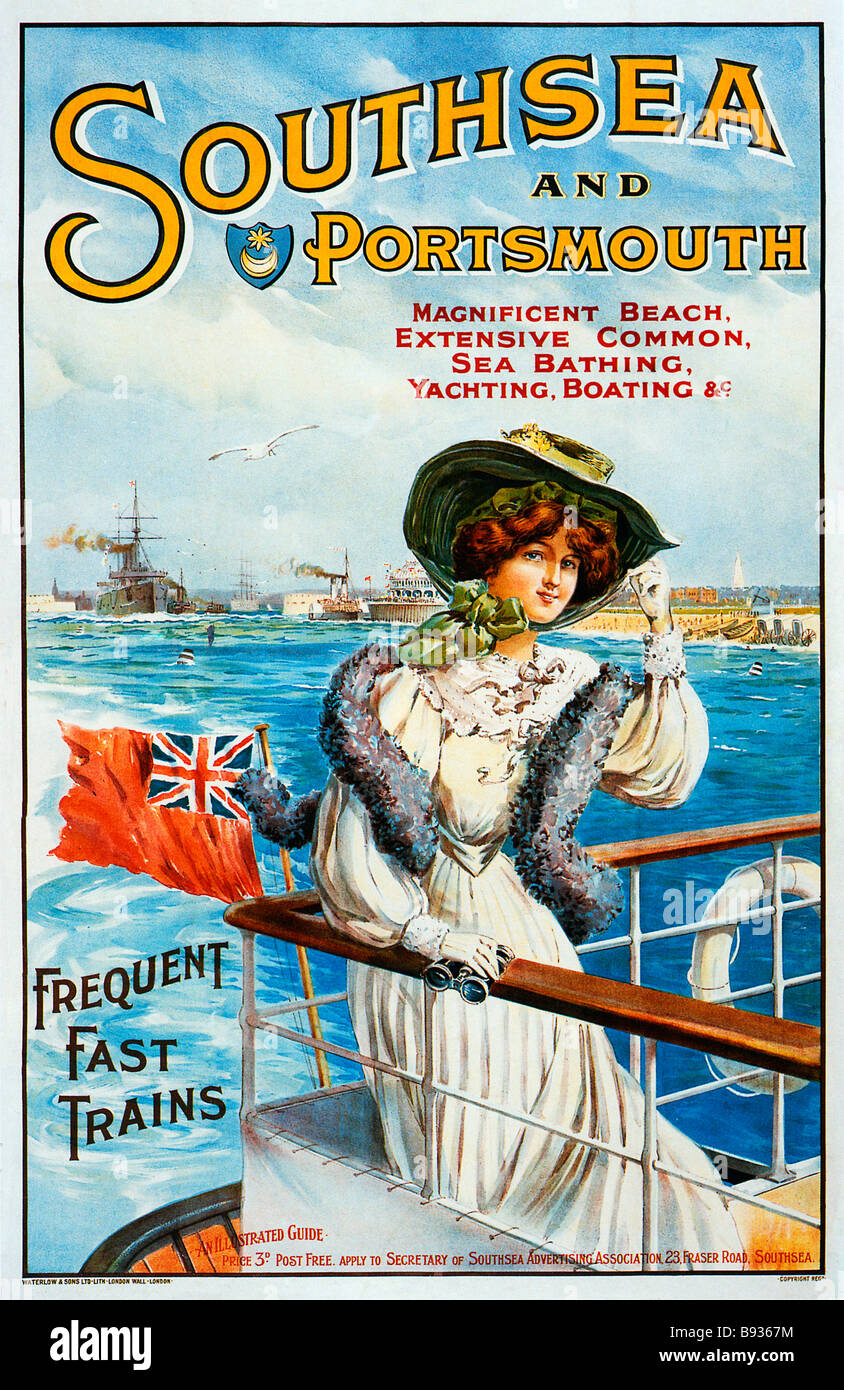 Portsmouth et Southsea 1905 poster avec l'élégance victorienne dame illustrant la maison de plaisirs de la Marine sur la côte sud de la ville Banque D'Images