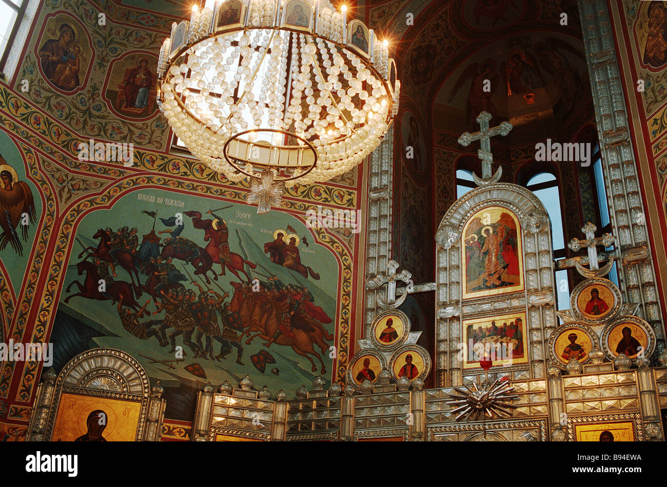 L'icône de Notre Dame de l'Église a Unburning Bush le monde s seulement autel de couper le verre faites par les peintres de l'Dyatkovo folklorique Banque D'Images