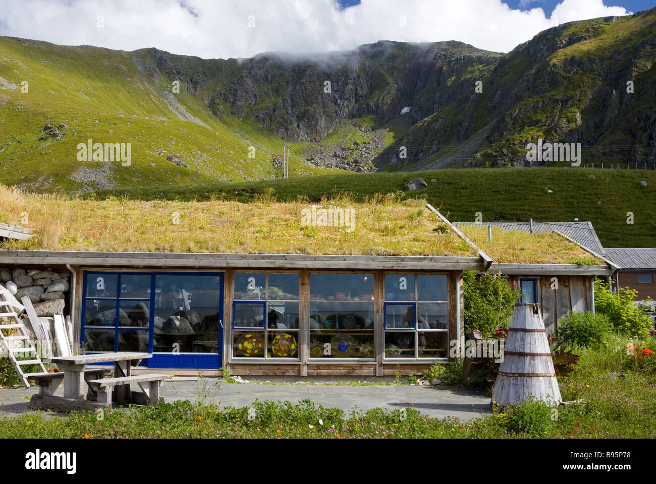 Shop à Vikten, Flakstad, Flakstadøya island, îles Lofoten, Nordland, Norvège, Scandinavie, Europe Banque D'Images