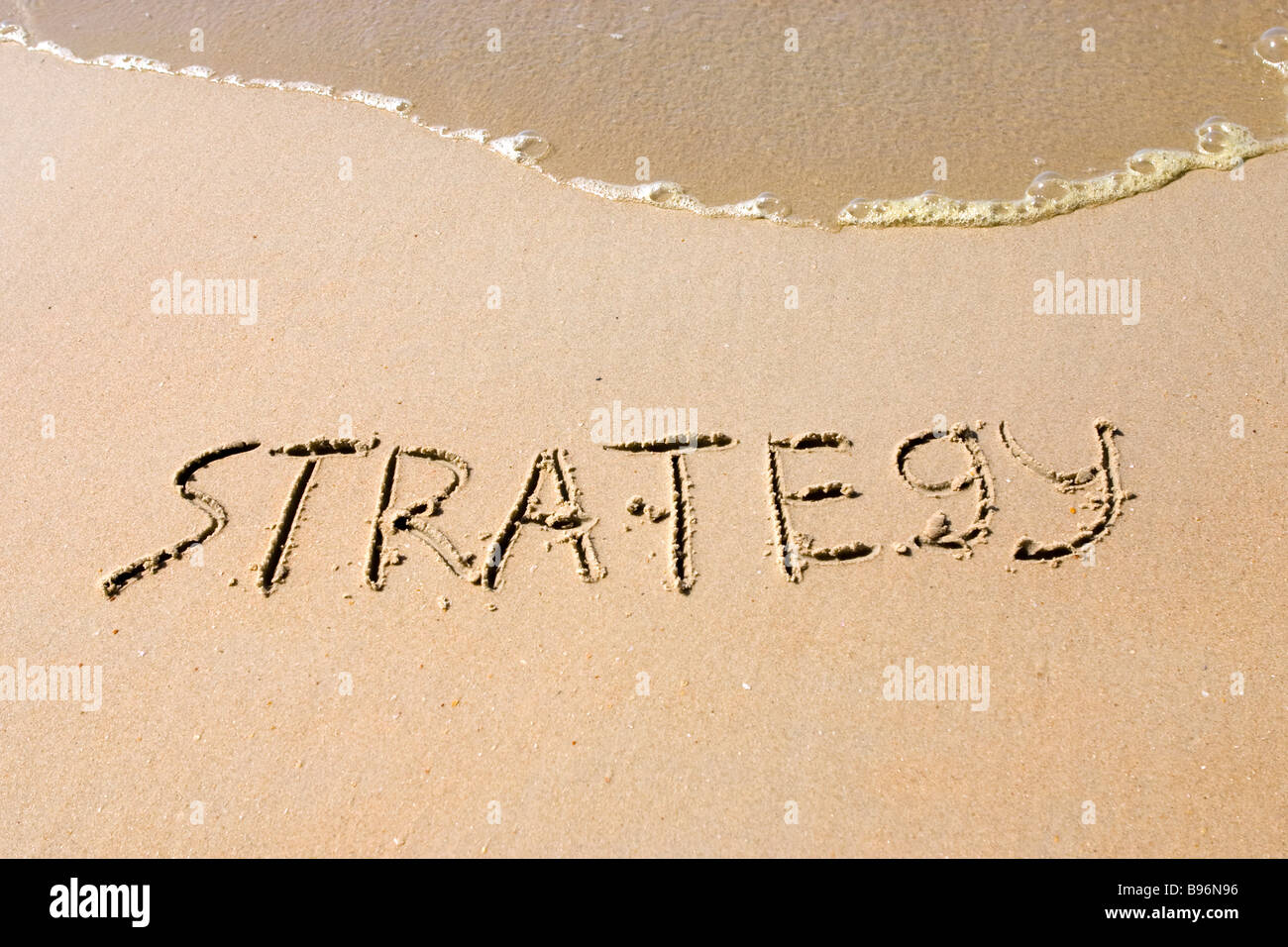 Stratégie de mots écrits sur le sable. Banque D'Images