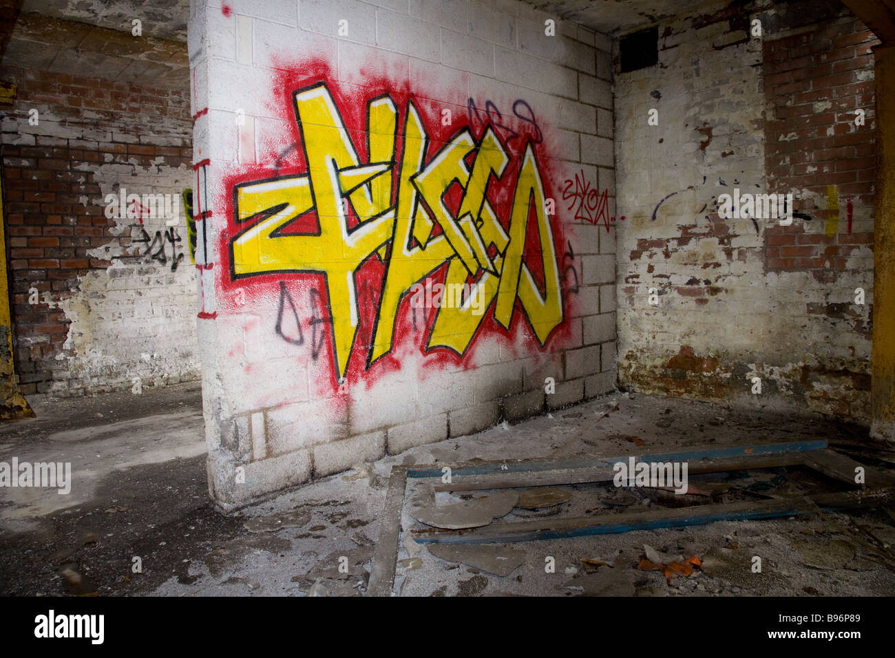 Aspergé de graffiti sur le mur d'une usine à l'abandon Banque D'Images