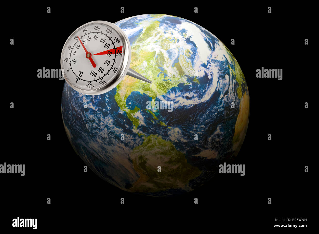 Thermomètre sortant de la planète terre illustrant les émissions de carbone ou un changement de température de la planète Banque D'Images