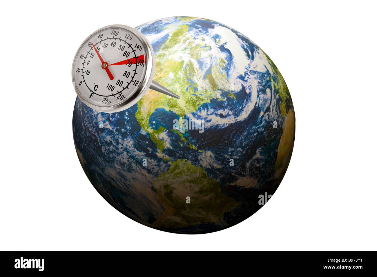 Thermomètre sortant de la planète terre illustrant les émissions de carbone ou un changement de température de la planète Banque D'Images