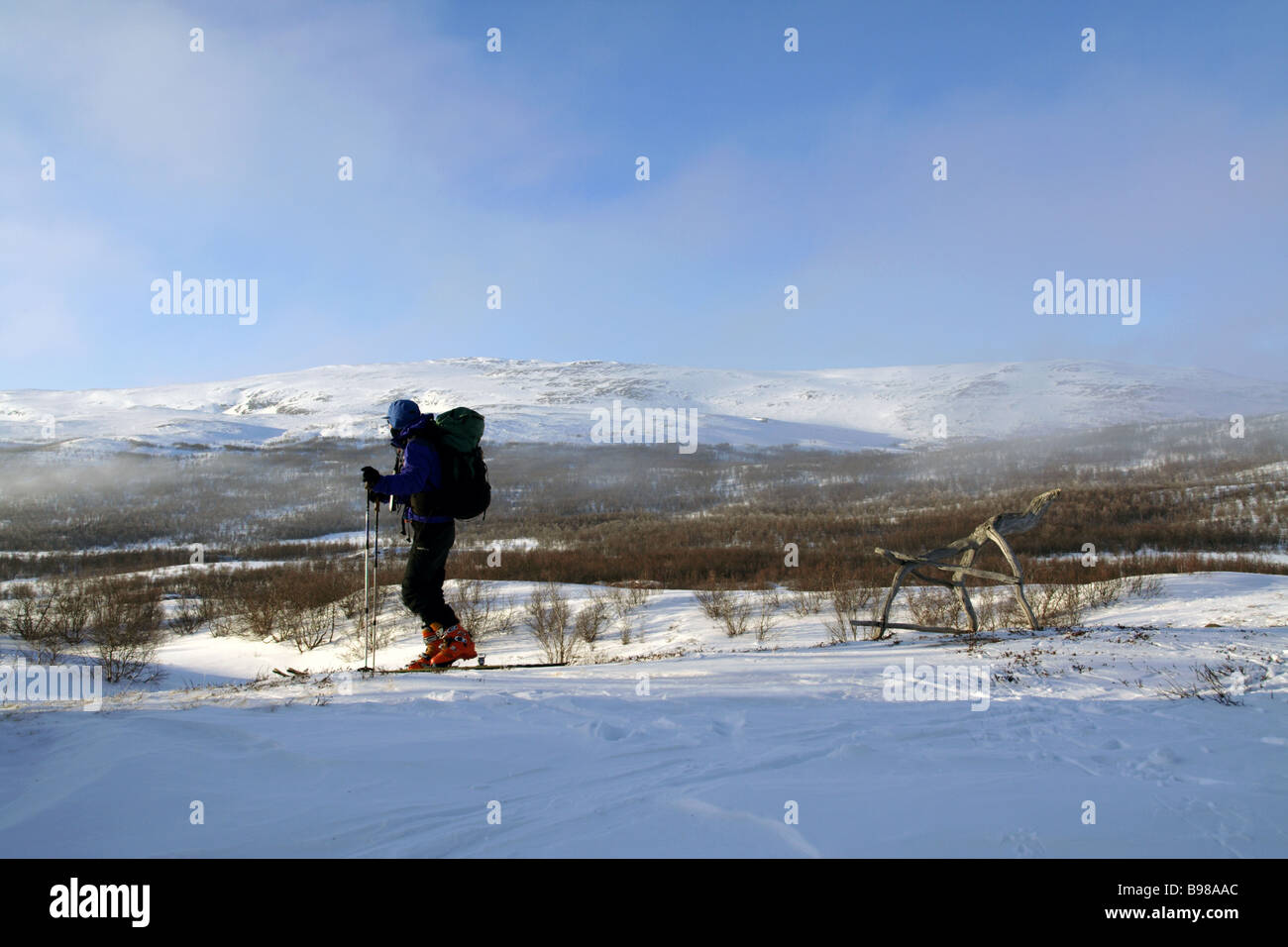 Un skieur dans la Kungsleden suédois Banque D'Images