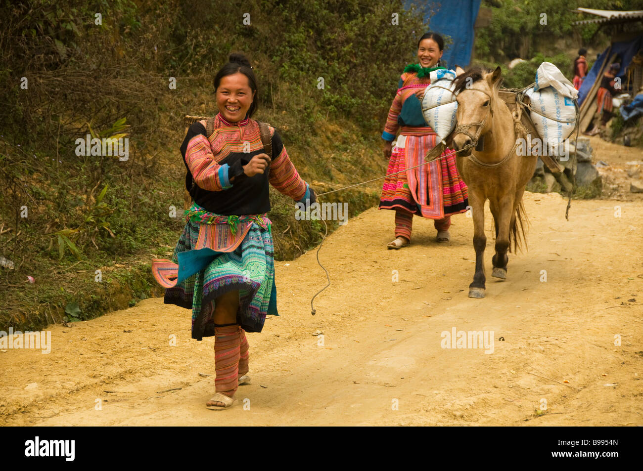 Femme Hmong fleurs colorées ce qui conduit son cheval home de marché en cau fils près de Bac Ha Vietnam Banque D'Images