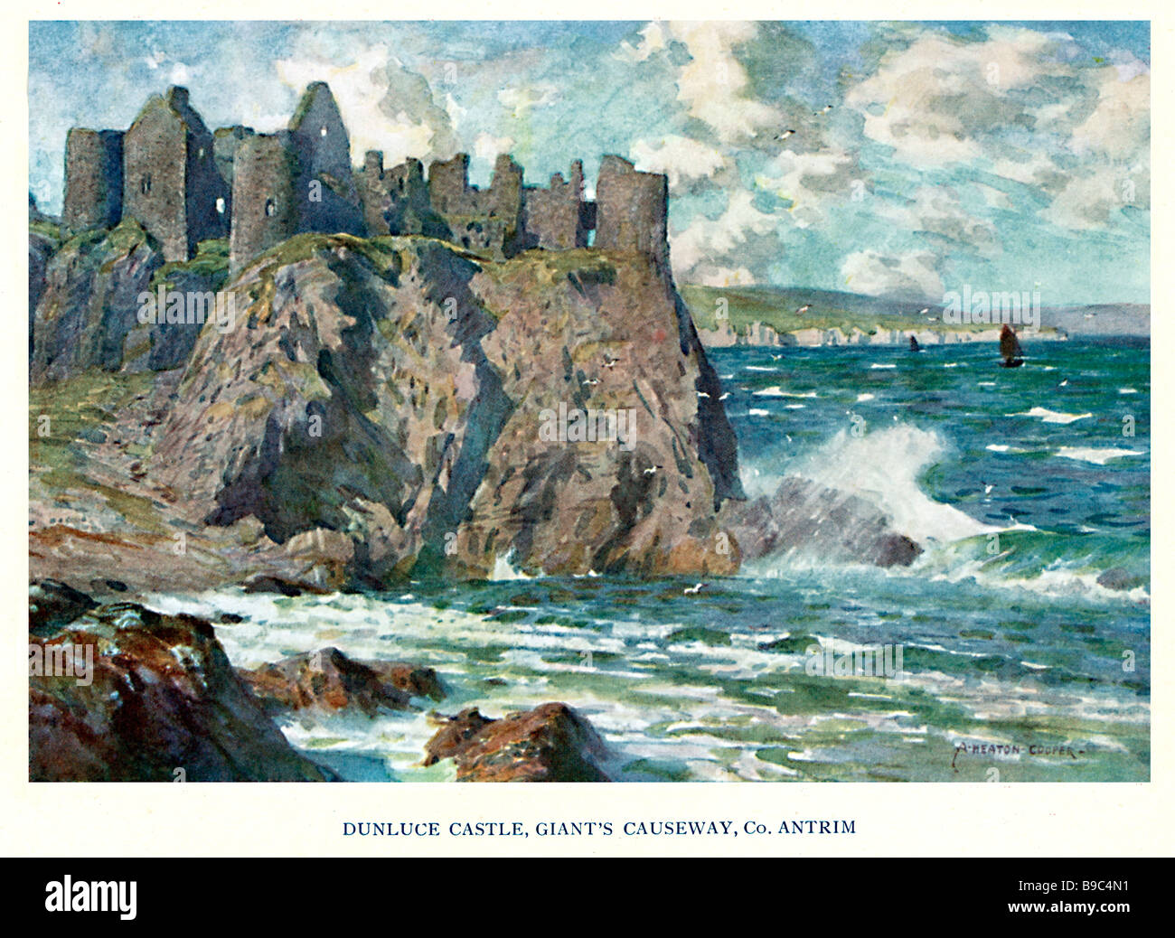 Le Château de Dunluce Co Antrim 1925 Peinture du château en ruine sur la falaise d'Antrim en Irlande du Nord Banque D'Images