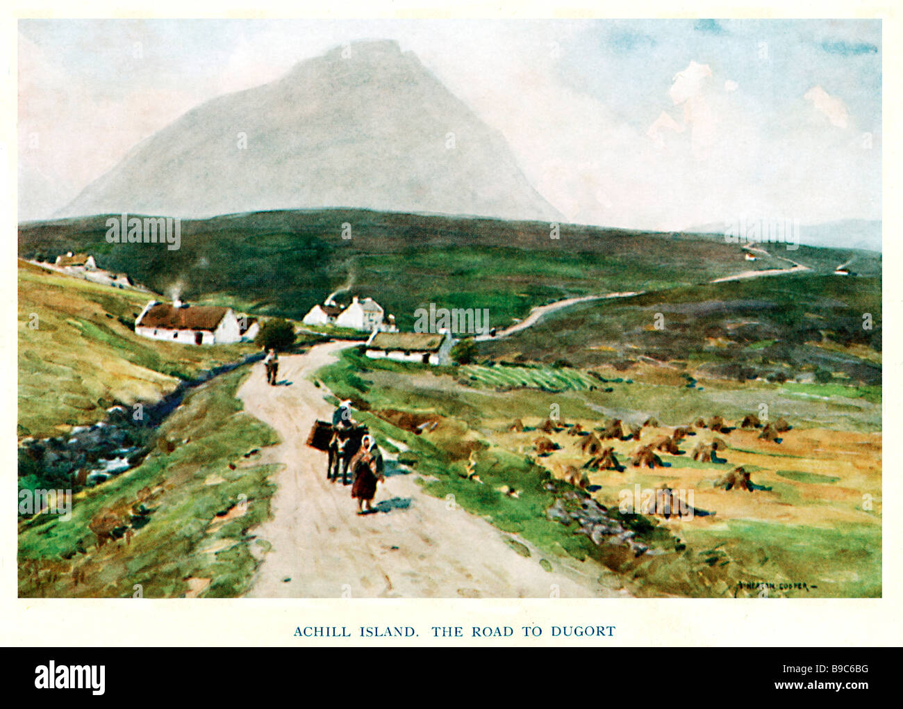 Mayo Achill Island 1925 Peinture de la route de Dugort dans l'ombre de Slievemore Mountain Banque D'Images