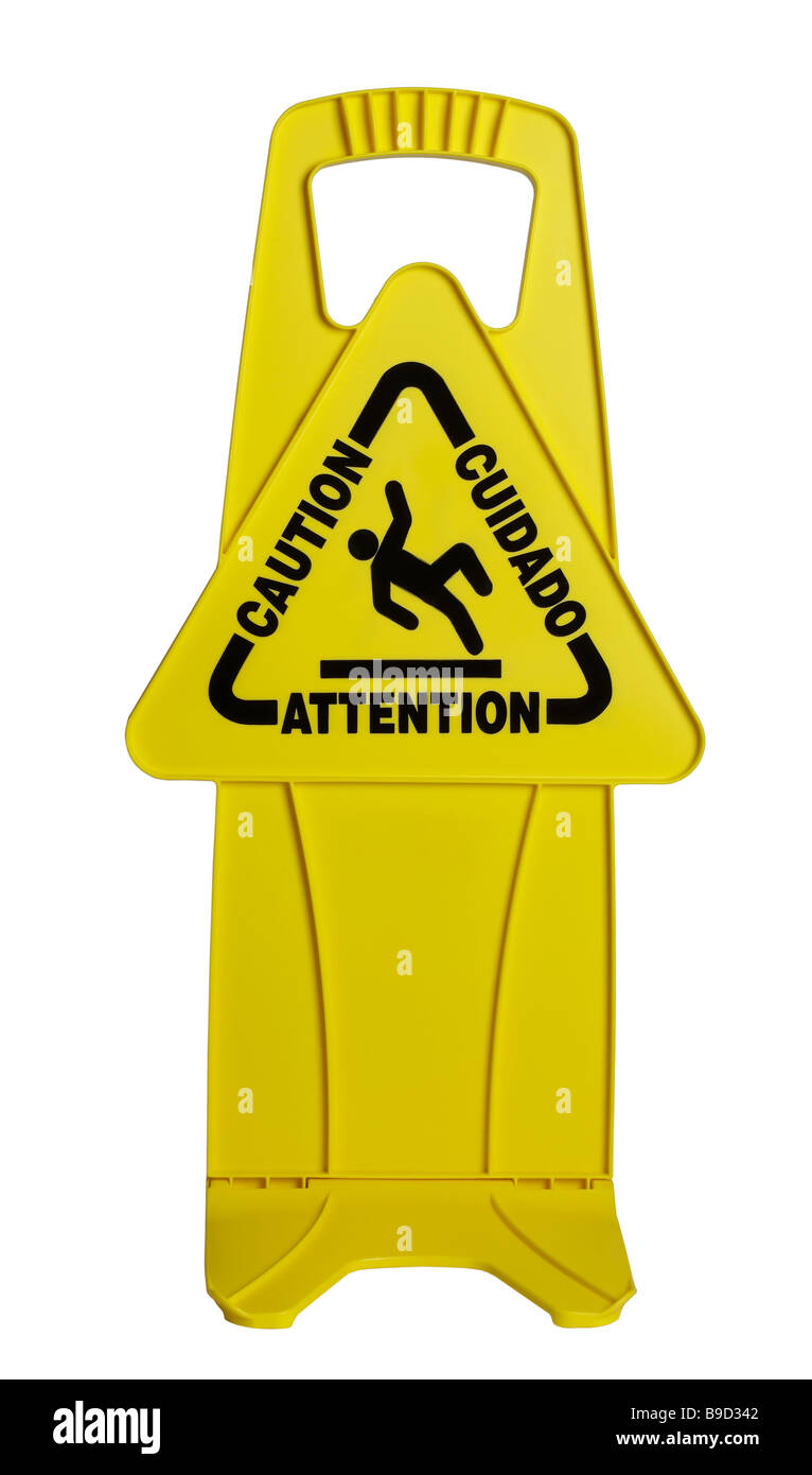 Attention panneau jaune Banque D'Images