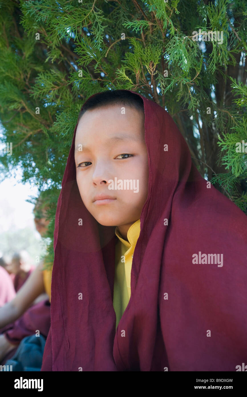 Portrait d'un moine du Temple de la Mahabodhi, pensée, Bodhgaya, Gaya, Bihar, Inde Banque D'Images