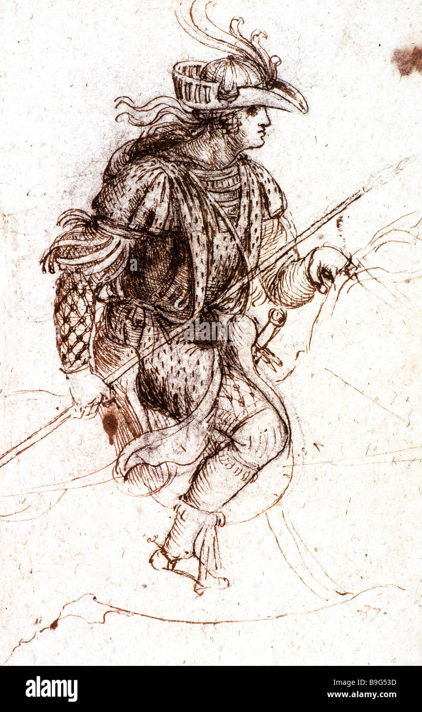 Dessin de jeune homme en costume à cheval de Léonard de Vinci 1513 Banque D'Images