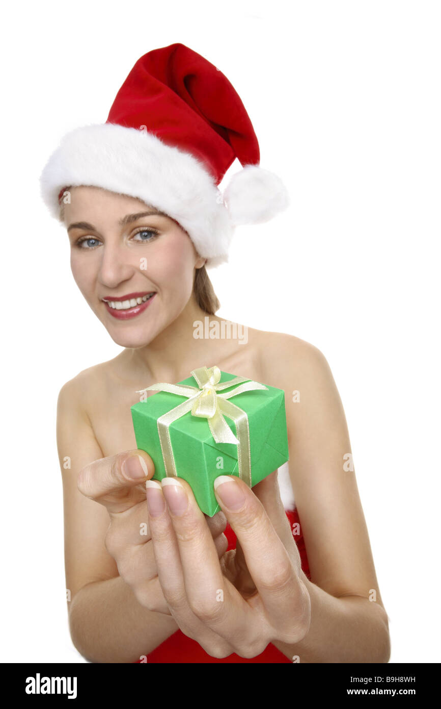 Cadeau de Noël femme-semi-sourire montre les gens portrait femme jeune  déguisement costume costume père noël Noël Noël Photo Stock - Alamy