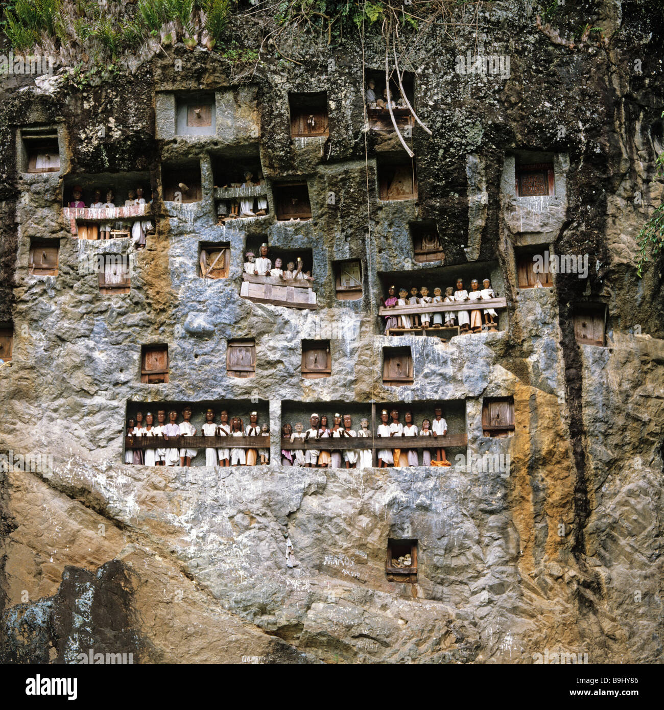 Falaise, tombes Toraja Tau Tau le culte des ancêtres, coffret bois figurines, Sulawesi, Indonésie, Asie du sud-est Banque D'Images