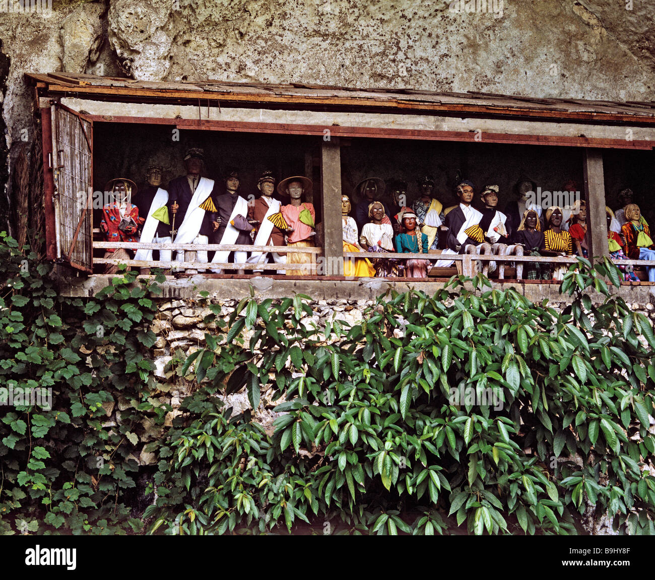Falaise, tombes Toraja Tau Tau le culte des ancêtres, coffret bois figurines, Sulawesi, Indonésie, Asie du sud-est Banque D'Images