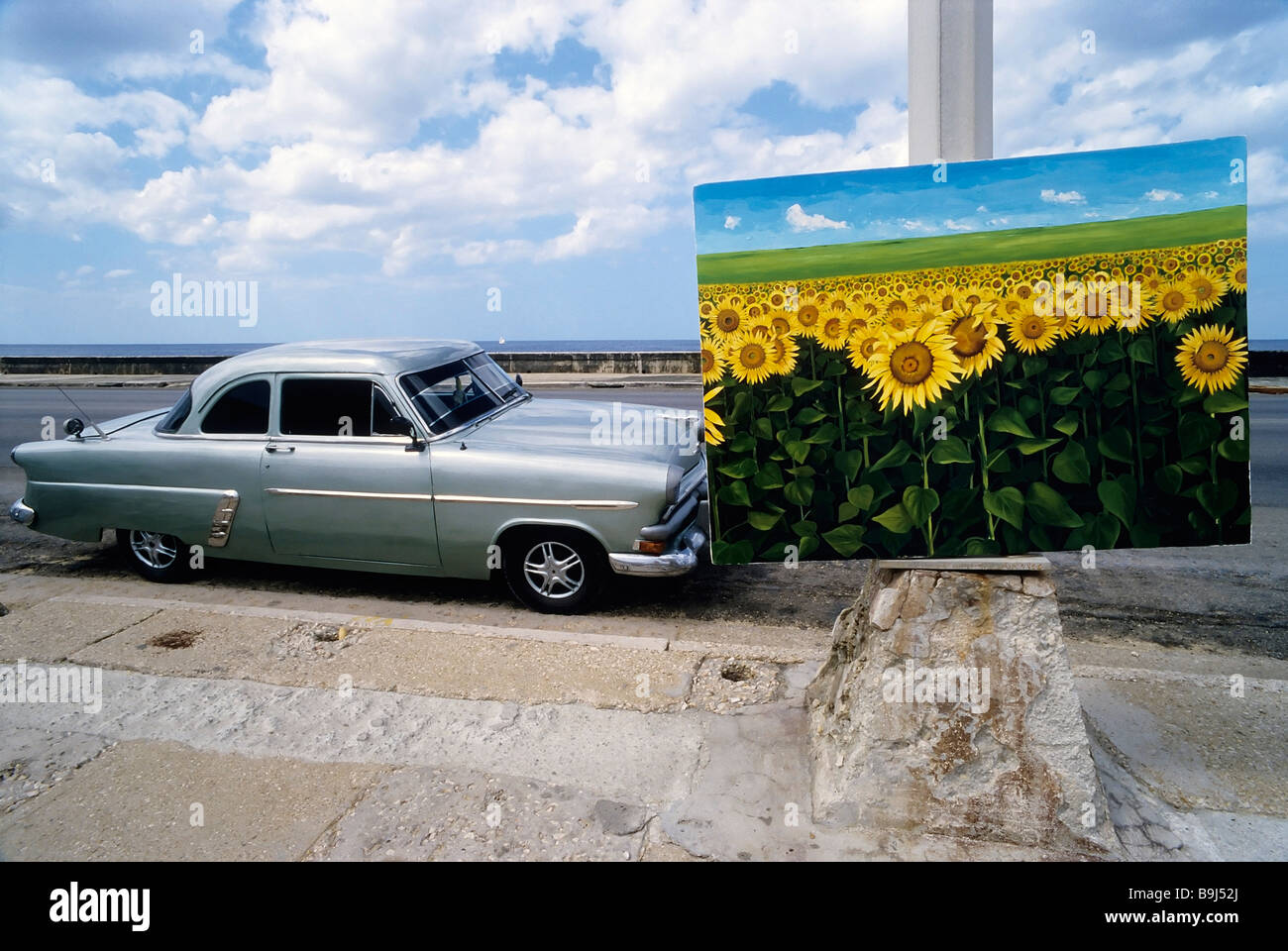 Peinture d'un champ de tournesol, affichée sur route, US vintage car, marché aux puces, Vedado, La Havane, Cuba, Caraïbes Banque D'Images