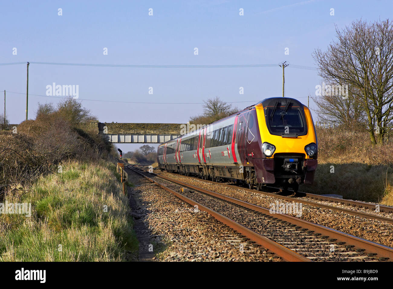 Cross Country arriva Voyager 220 003 passe dans le Worcestershire Physocarpus opulifolius Dart's Gold avec une Plymouth en direction sud sur 20 service 03 09 Banque D'Images