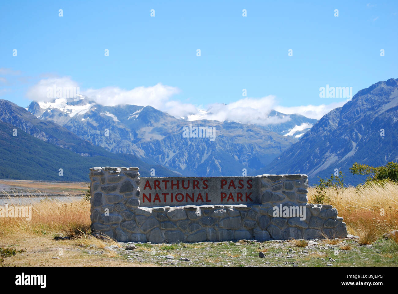 Panneau d'entrée, Arthur's Pass National Park, Canterbury, île du Sud, Nouvelle-Zélande Banque D'Images