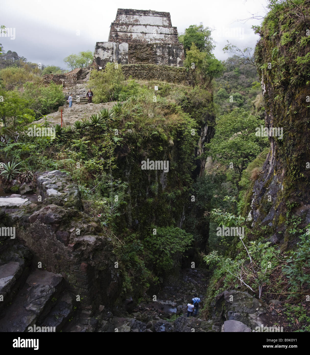 Les touristes visitent El Tepozteco, un temple Aztèque pyramide et perché sur une falaise au-dessus de la bande, Tepoztlan Morelos, Mexique. Banque D'Images