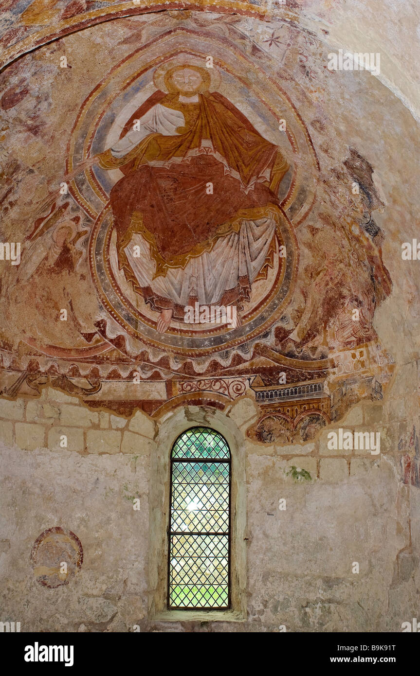 France, Loir et Cher, Montoire sur le Loir, chapelle Saint Gilles, fresques du xiie siècle de style roman avec Banque D'Images